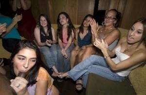 Stunning babes have fun with malestrippers at the wild private party on adultfans.net