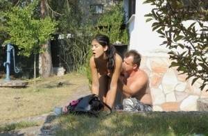 Nice teen Lady Dee gets a mouthful of cum during outdoor sex with an old guy on adultfans.net