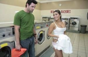 Asian babe with big hooters London Keye has wild sex in the laundry on adultfans.net