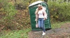 Blonde Katy Sky has to drop her jeans & pee in public because of locked toilet on adultfans.net