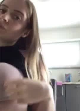 Teen teasing her titties in the kitchen on periscope on adultfans.net