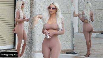 Kim Kardashian Gets Risque in a Sheer SKIMS Cropped Top and Leggings in Calabasas on adultfans.net