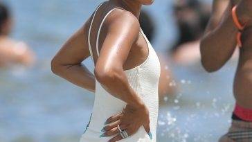 Karrueche Tran Looks Incredible in a White Swimsuit on the Beach in Miami on adultfans.net