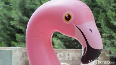 Emelie C and Lee A pink inflatable swan and swimming pool lesbian scene on adultfans.net