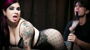Tattooed slut in ripped pantyhose gives head and enjoys hard anal drilling on adultfans.net