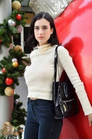 Brunette chick Giulia flashes her tits in public before masturbating at home on adultfans.net