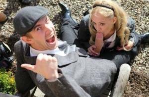 Blonde schoolgirl Loulou licks and sucks a huge dick while outdoors on adultfans.net