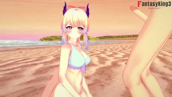 Blonde anime girl in blue bikini enjoys passionate beach sex under the sunset on adultfans.net