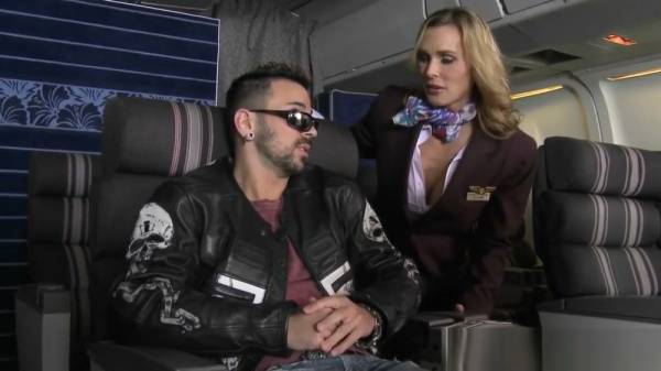 Clothed flight attendants and a police officer join two naked men in a steamy foursome on adultfans.net