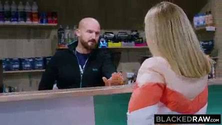 Blonde fitness girl takes two big cocks in a spitroast creampie session on adultfans.net