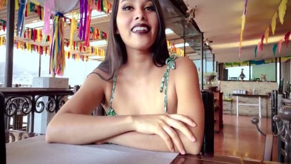 Young Mexican woman explores herself in green floral dress across terrace and couch - Mexico on adultfans.net
