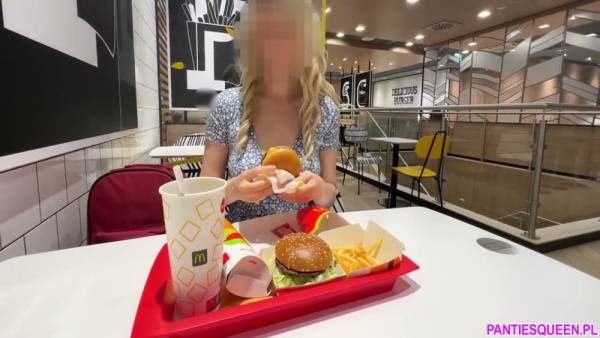 Blonde flashes shaved pussy and masturbates under restaurant table on adultfans.net