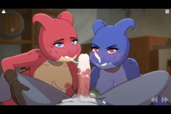 Two lizard women share a wolf man in a dungeon threesome with face sitting and oral on adultfans.net
