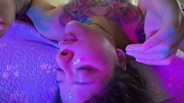 Tattooed brunette takes a thick cock deep with glossy lips and ends in a facial on adultfans.net