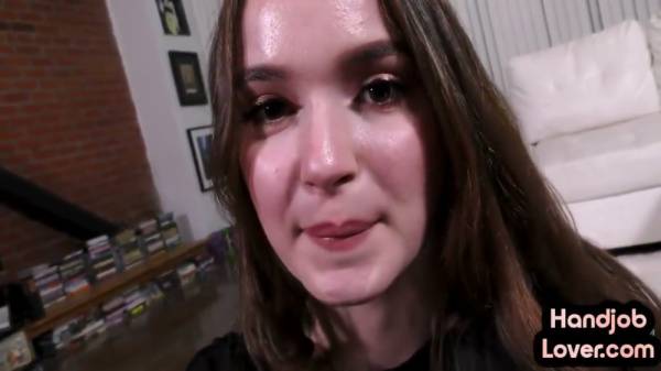 Girlfriend gives oiled handjob in POV from white leather couch on adultfans.net