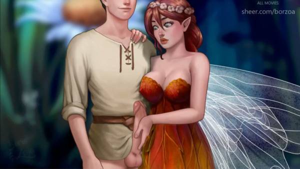 Slender fairy with natural large breasts mounts a man in a glowing forest fantasy on adultfans.net