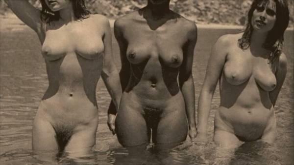 Vintage trio of hairy interracial lesbians pose nude at the beach on adultfans.net