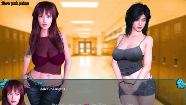 Animated redhead and brunette tease in a vibrant 3D school corridor on adultfans.net