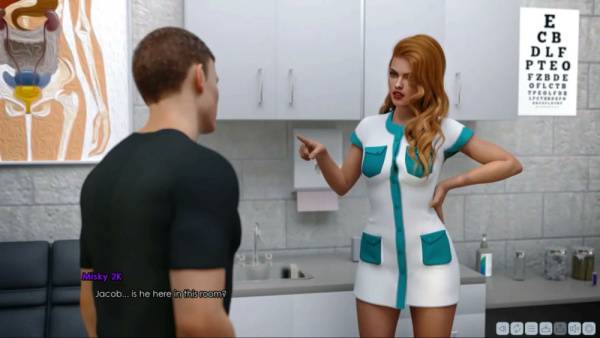 Petite animated nurse with huge breasts leans forward on the clinic counter on adultfans.net