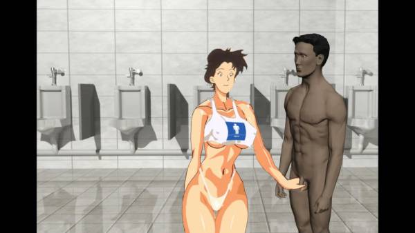 Keiko gives a handjob to a muscular man in a public bathroom on adultfans.net