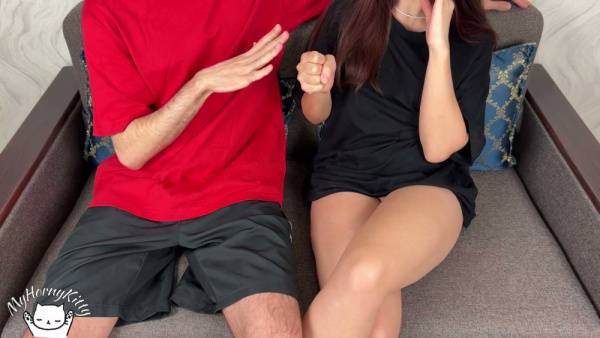 Skinny European step siblings lose a game and end up pleasuring each other on the couch on adultfans.net