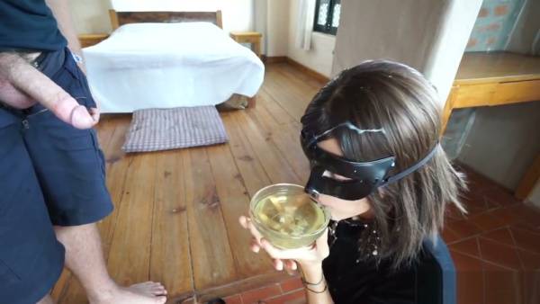 Brunette chokes on cock and drinks piss from a glass in rough oral session on adultfans.net