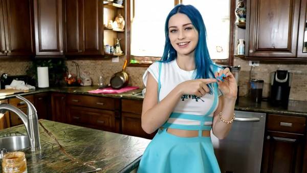 Blue-haired influencer takes on her stepbrother in a forbidden kitchen encounter on adultfans.net