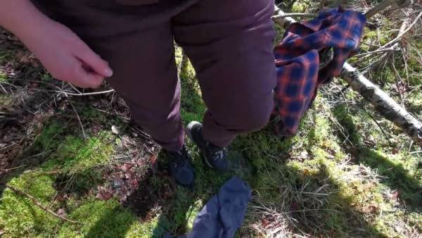 Plump woman in plaid shirt dominated and exposed on mossy forest floor on adultfans.net
