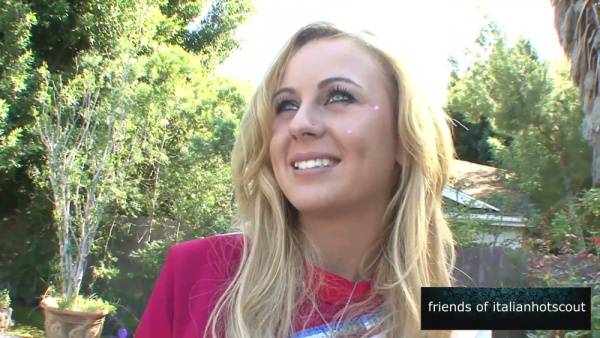 Blonde cheerleader in red skirt gets double teamed outdoors on adultfans.net