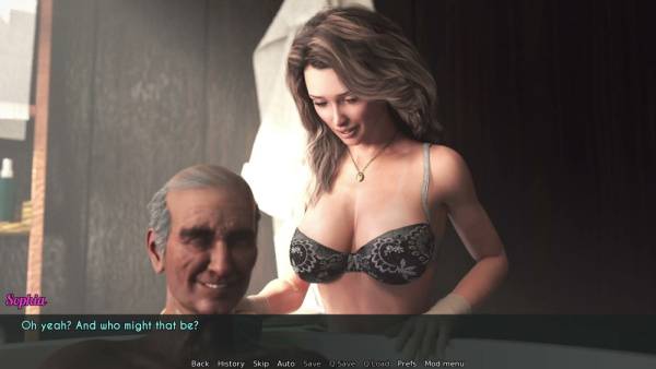 Young woman washes an older man in a 3D animated bathroom scene on adultfans.net