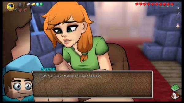Hentai-styled femdom performs a striptease in a Minecraft parody game world on adultfans.net