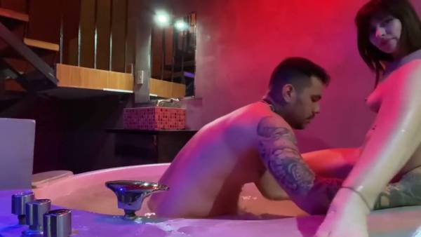 Brunette with tattoos rides the jacuzzi edge until he cums on her back on adultfans.net