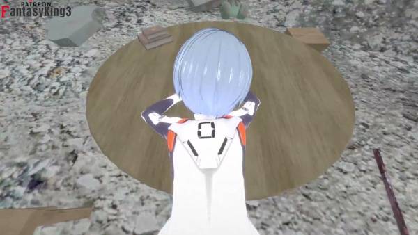 Rei Ayanami leans over a table in the ruins, flashing her big ass in POV view on adultfans.net