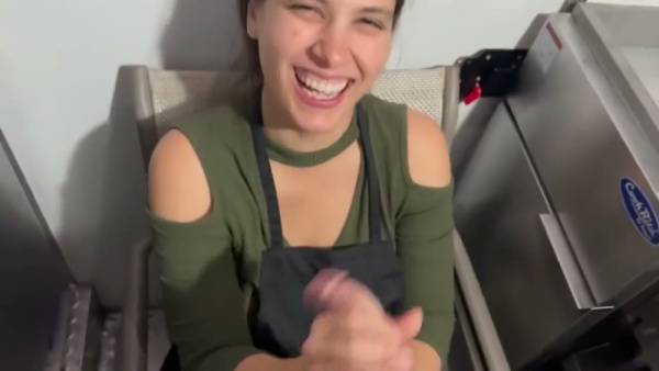 Amateur brunette gives intense oral in office, kitchen and on public transit on adultfans.net