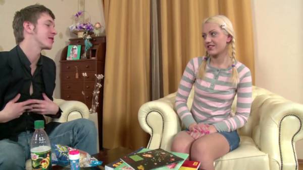 Blonde college girl seduces her friend in a dorm room with bold moves on adultfans.net