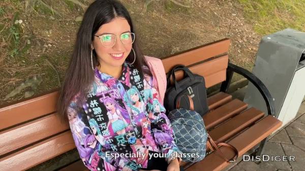 Stylish glasses-wearing woman seduced in the park ends with cumshot on her lenses on adultfans.net
