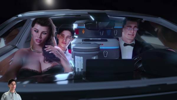 Curvy brunette teases in backseat during late-night ride with blonde and suited man on adultfans.net