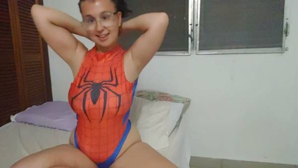 Young Latina pornstar in Spider suit teases before going solo on adultfans.net
