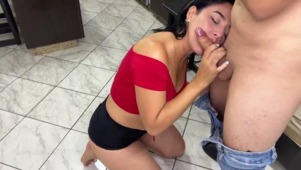 Curvy woman in red top and lace lingerie teases before taking him deep on the couch on adultfans.net