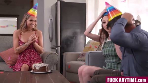 Birthday girl rides tattooed lover while her friend joins in the bedroom celebration on adultfans.net