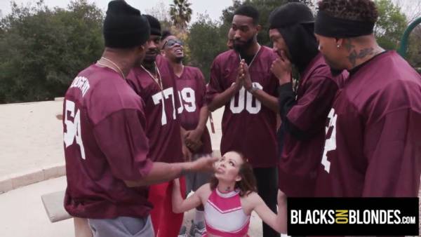 College cheerleader takes on the entire rival football team in gangbang audition on adultfans.net