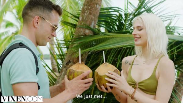 Petite blonde Christy rides and swaps partners in a steamy tropical threesome on adultfans.net