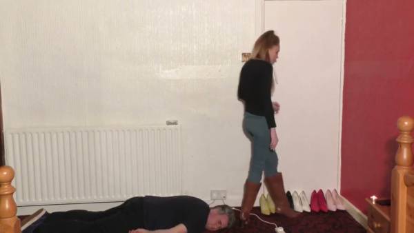 Blonde femdom in heels dominates and tramples her slave's face on adultfans.net