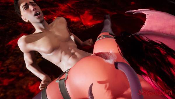 Demoness in thigh straps receives oral from a muscular man in hell on adultfans.net