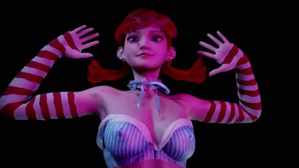 Curvy redhead in pigtails teases in glowing 3D anime style on adultfans.net