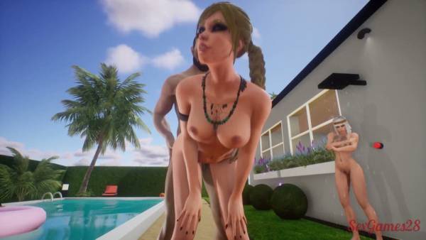Blonde enjoys wild anal and oral sex with party guests by the pool on adultfans.net