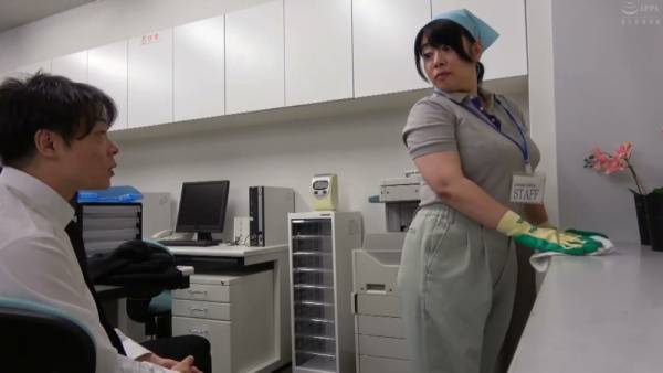 Office cleaning staff member locks the bathroom door for a private encounter on adultfans.net