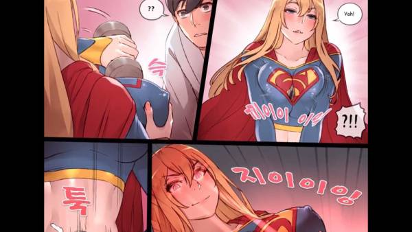 Blonde superheroine in blue and red costume appears in digital comic panel with surprised man on adultfans.net