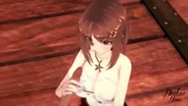 Anime art of a pale-skinned brunette reaching climax with a visible squirt on adultfans.net