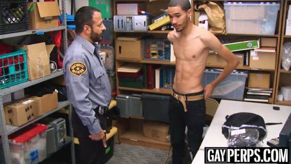 Skinny pale shoplifter taken bareback by hulking ebony officer in storage room on adultfans.net